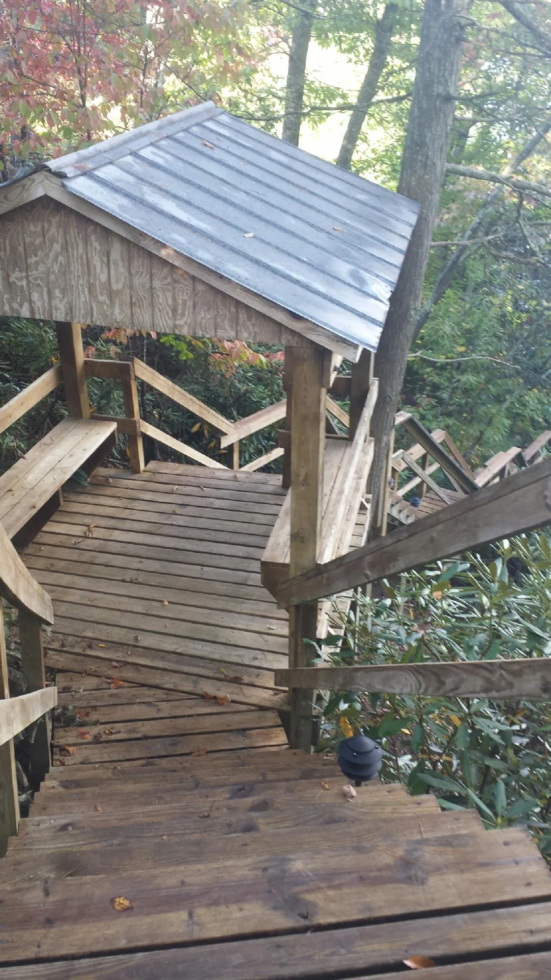 Metal roofed shelter over wooden steps on a wooded walkway — Skylight Repair & Installation work by our crew in North Richland Hills
